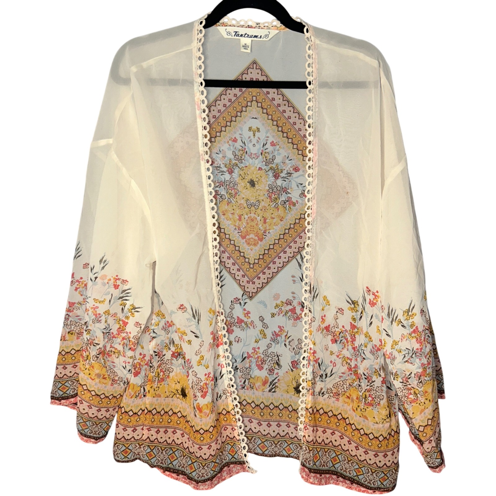 Tantrums Womens Boho Festival Floral Sheer Kimono Cardigan Medium White Gypsy